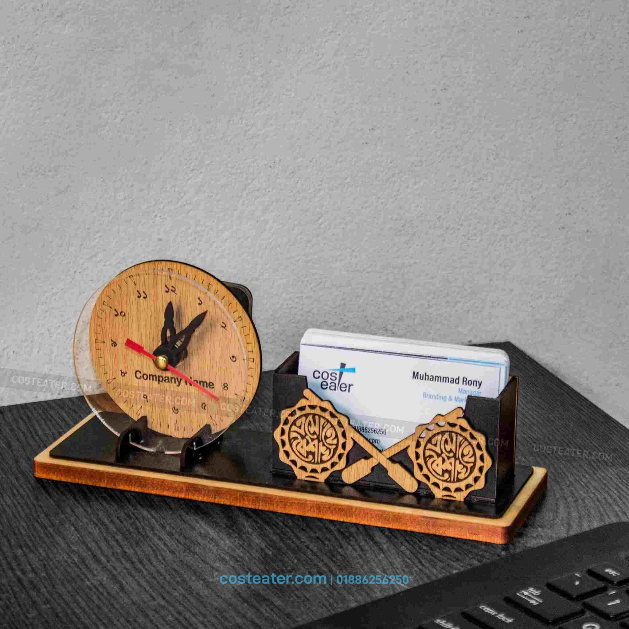 Handcrafted Wooden Pahela Baishakh Iconic Desk Clock with Card Holder Handcrafted Wooden Pahela Baishakh Iconic Desk Clock with Card Holder