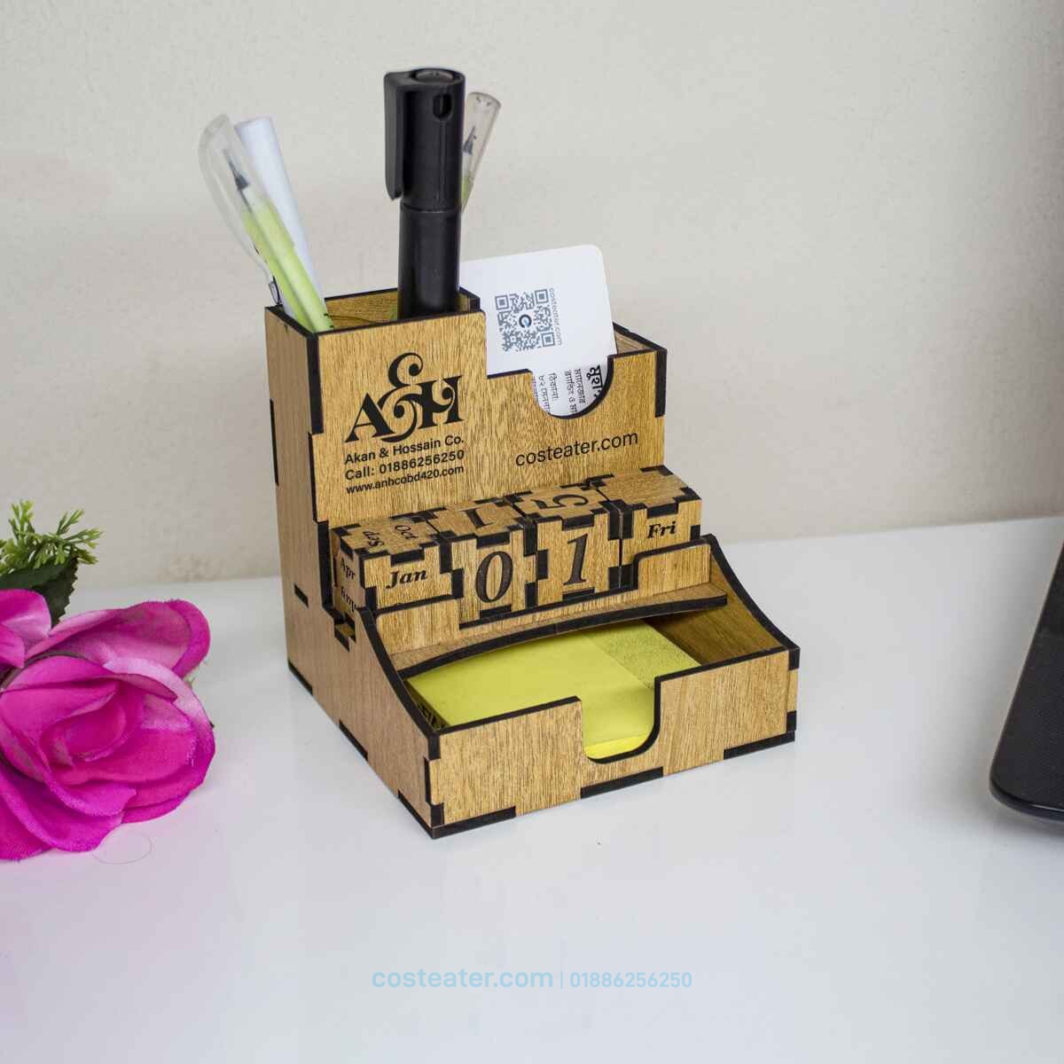 Wooden Desk Calendar with Pen Holder, Card Holder and Slip Pad Wooden Desk Calendar with Pen Holder, Card Holder and Slip Pad