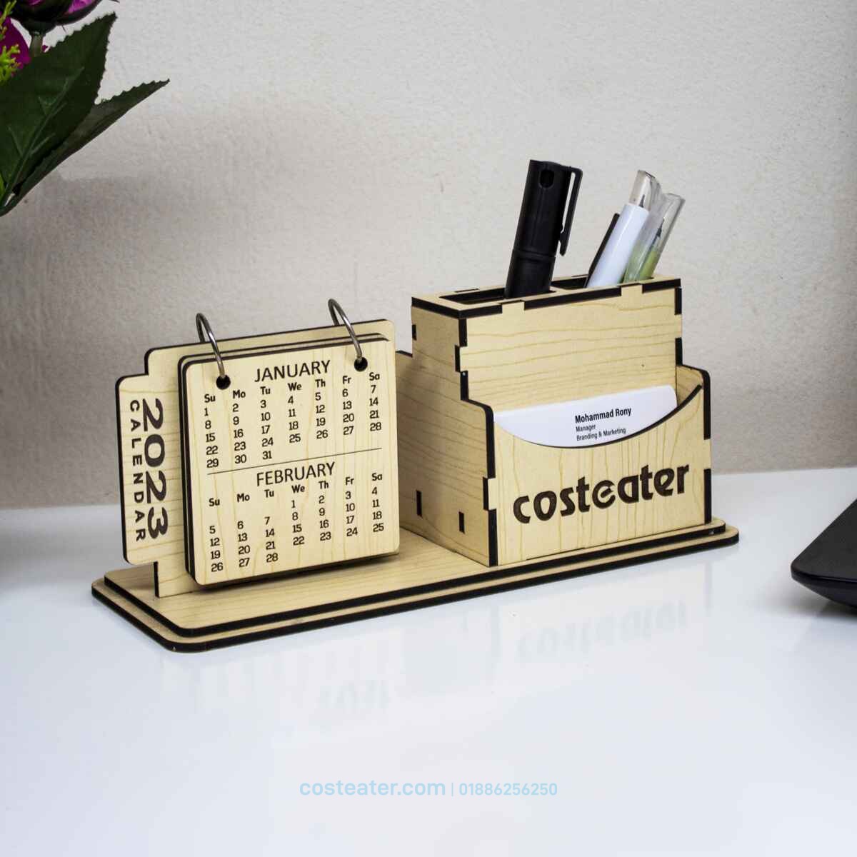 Wooden Desk Calendar with Pen Holder, Card Holder Wooden Desk Calendar with Pen Holder, Card Holder