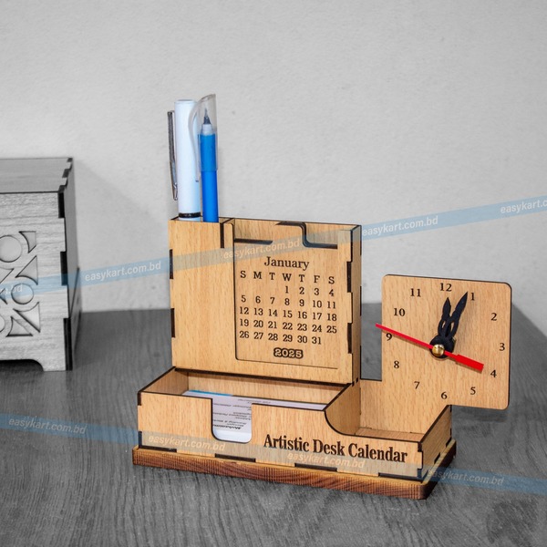 Wooden Desk Calendar with Clock, Business Card Holder & Jams Clip Wooden Desk Calendar with Clock, Business Card Holder & Jams Clip