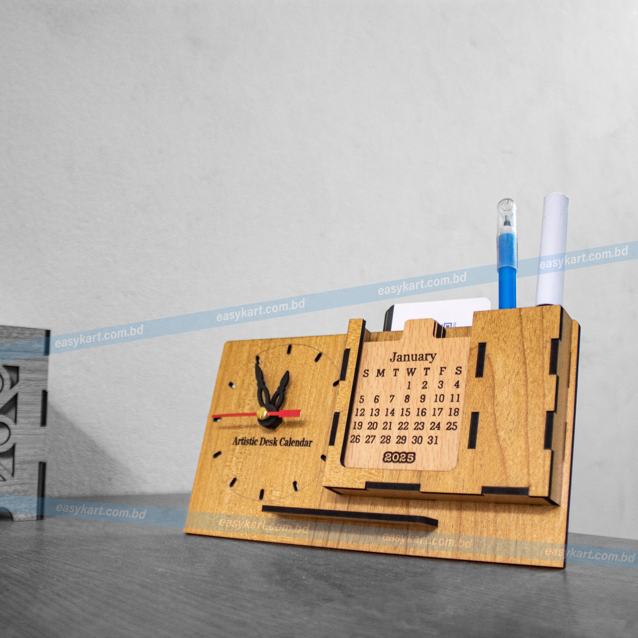 Wooden Desk Calendar with Clock, Business Card Holder & Pen Holder Wooden Desk Calendar with Clock, Business Card Holder & Pen Holder